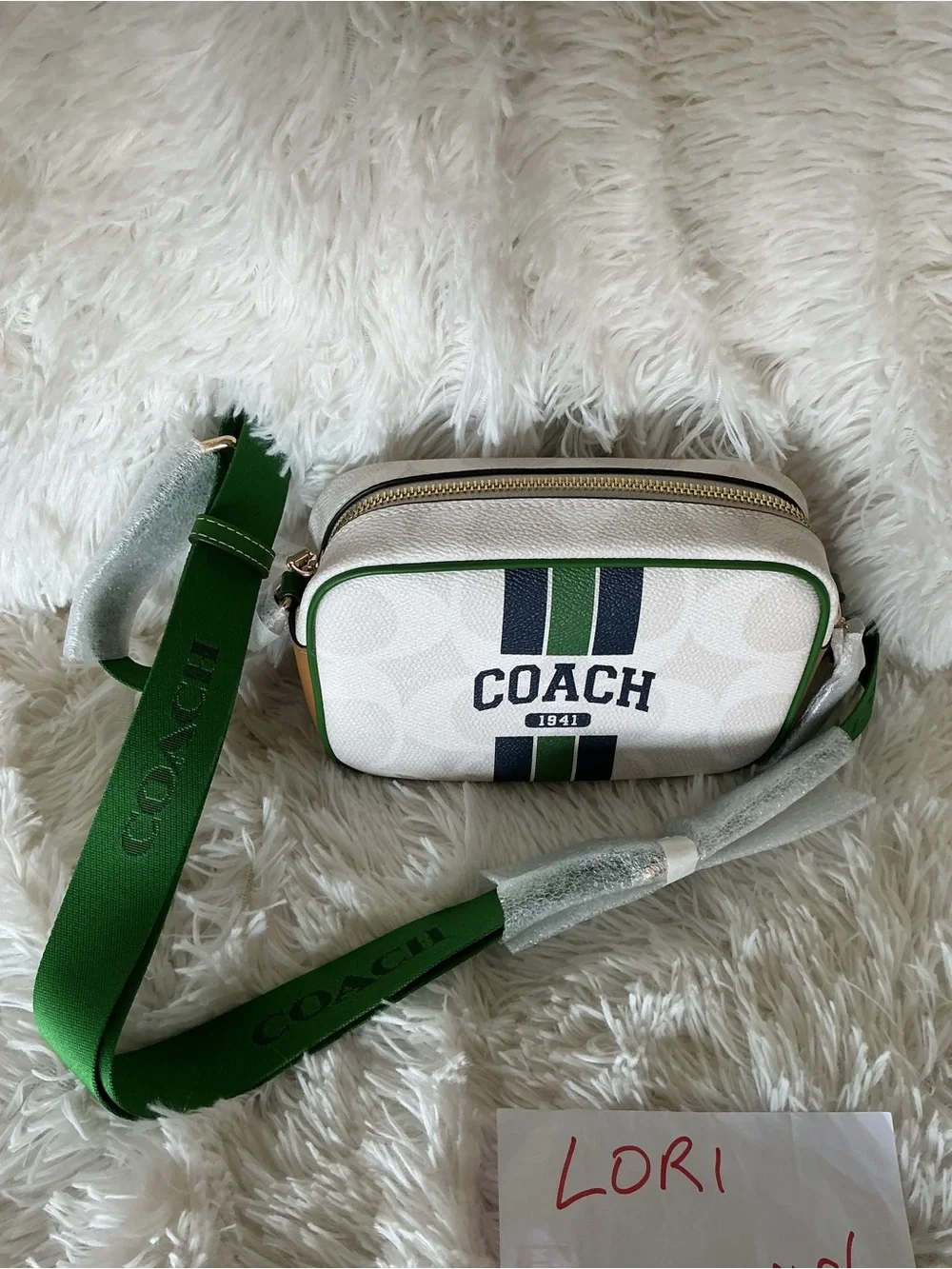 Coach mini Varsity White Crossbody with Green and Navy Stripe Accents